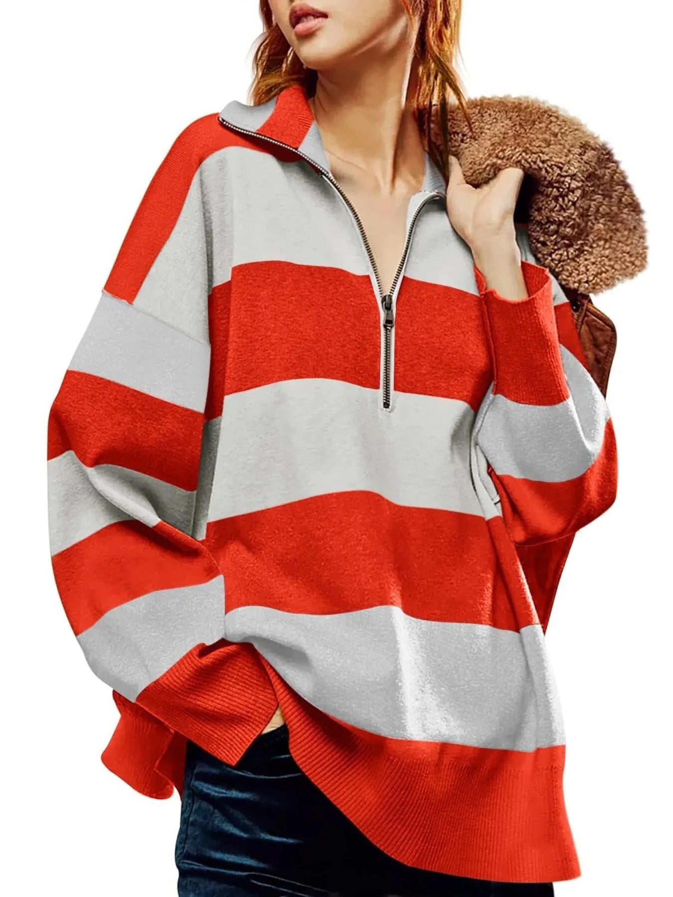 Striped Half-Zip Oversized Sweatshirt