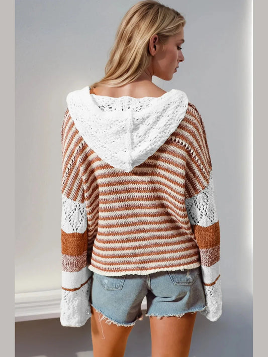 Women Double Take Full Size Openwork Contrast Long Sleeve Hooded Sweater