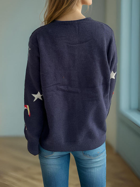 Women Candy Cane & Star Button Down Long Sleeve Christmas Cardigan