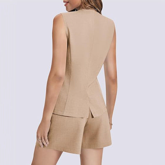 2-piece Sleeveless Round Neck Button High-waisted Trousers Business Work Suits