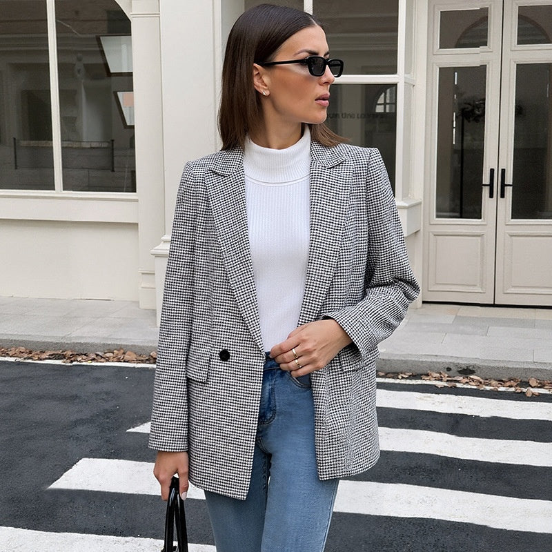 Suit One Button Houndstooth Suit Jacket