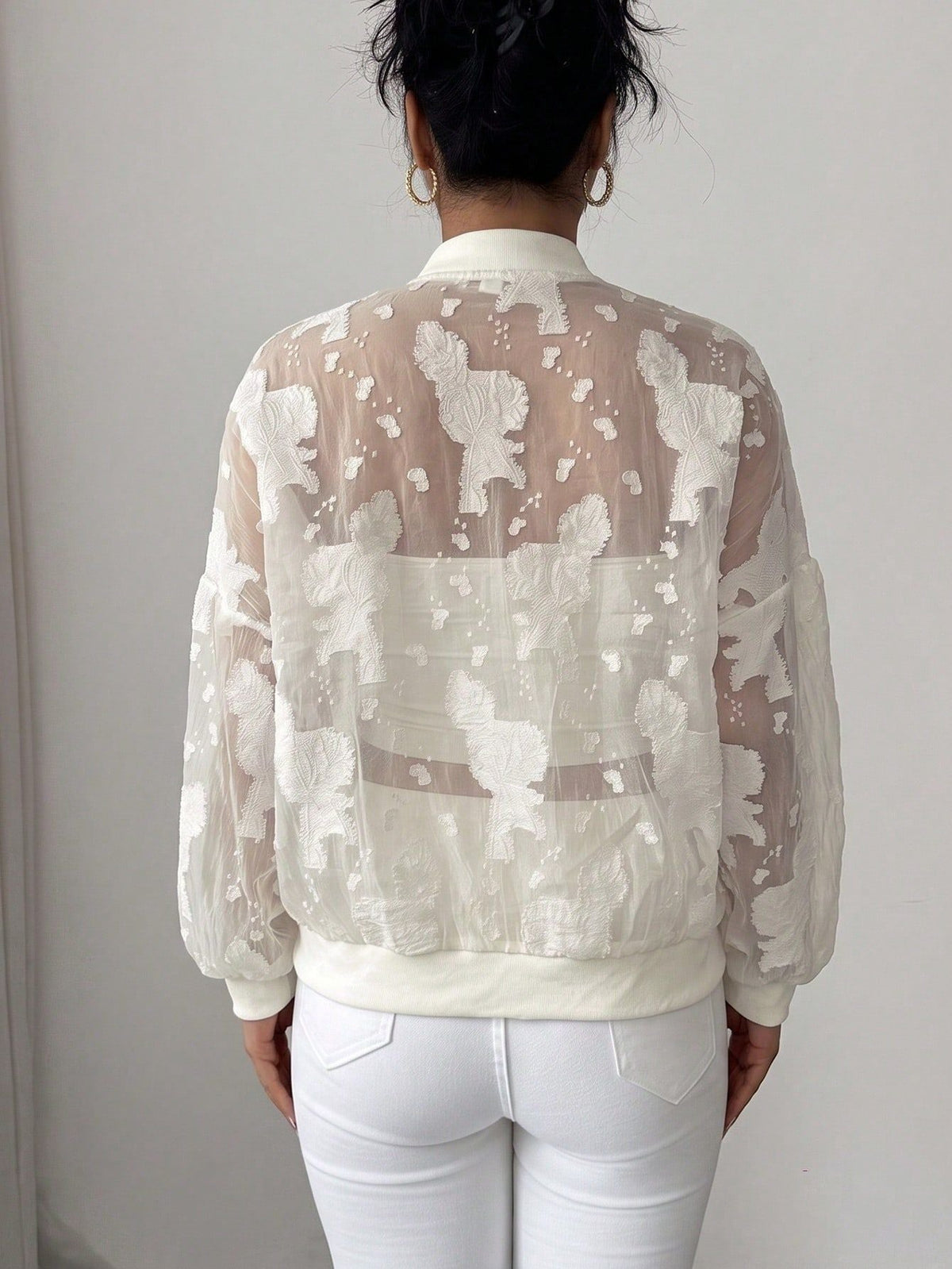 European And American Cross-border 2026 Autumn New Jacquard Jacket Semi-transparent Loose Zipper Rib Collar Cuff Jacket