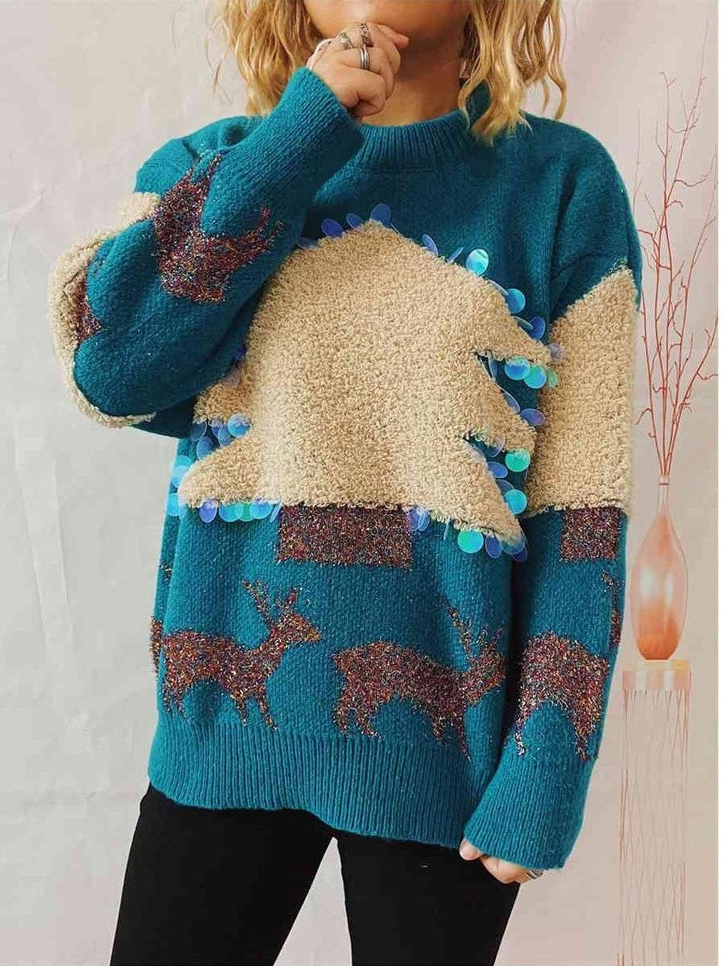 Women Sequin Christmas Tree & Reindeer Round Neck Sweater