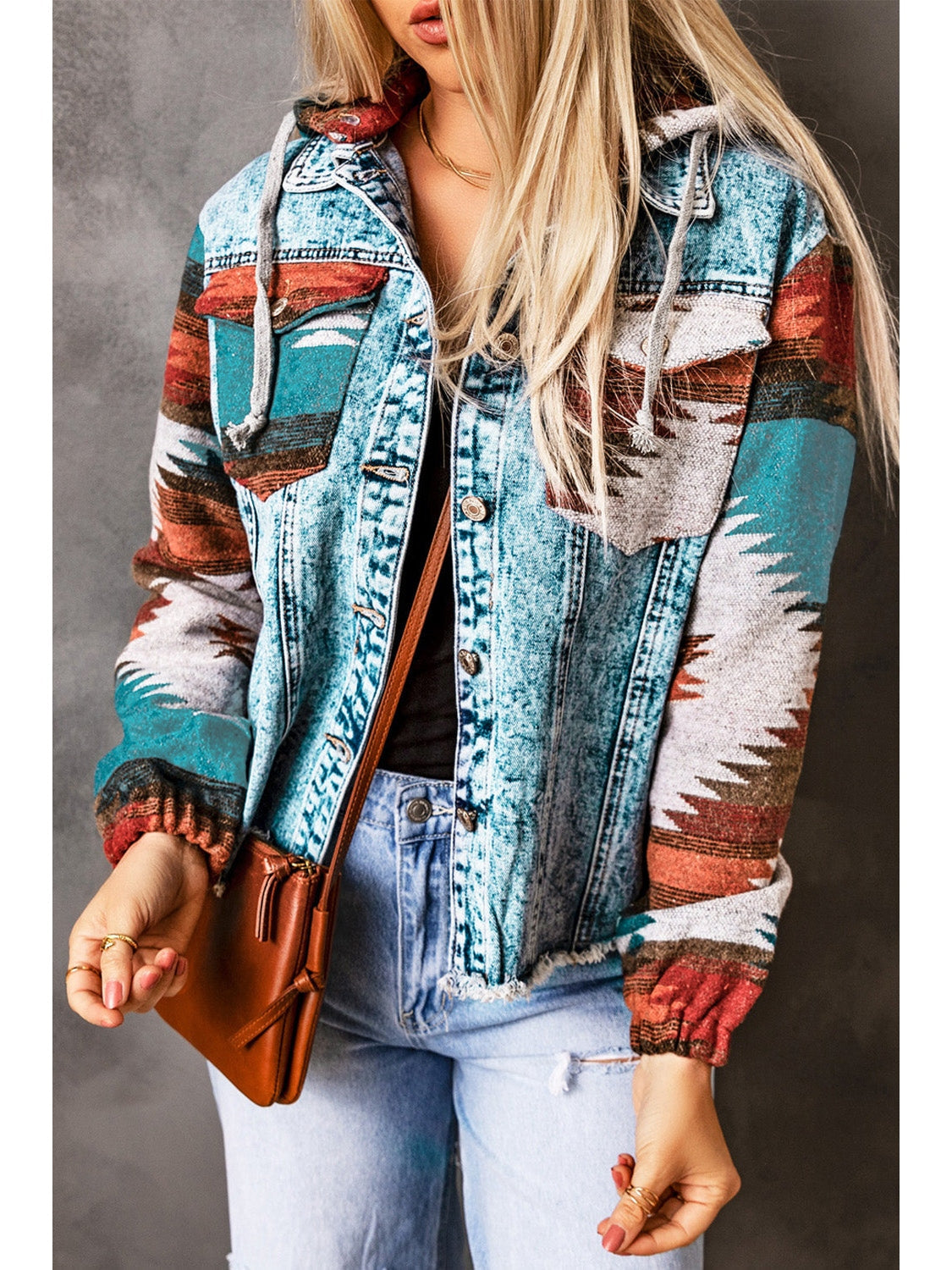 Women Drawstring Hooded Pocketed Denim Jacket