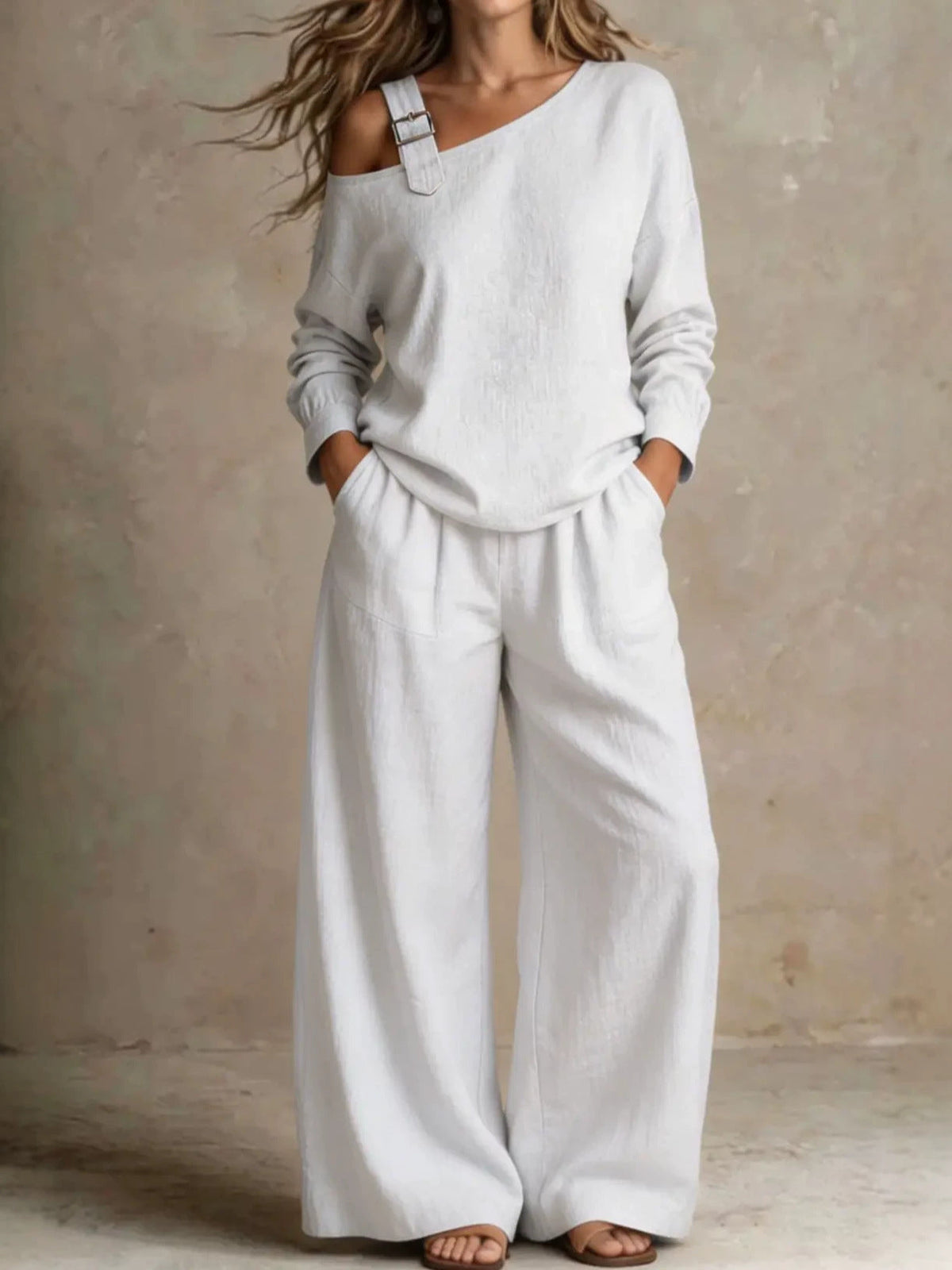 2026 Site Hot-Selling Women's Casual Loose Fashion One-Shoulder Linen Blend Two-Piece Set