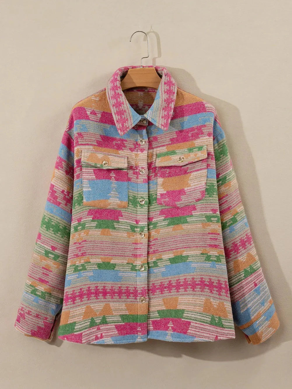 Plus Size Pocketed Printed Collared Neck Jacket