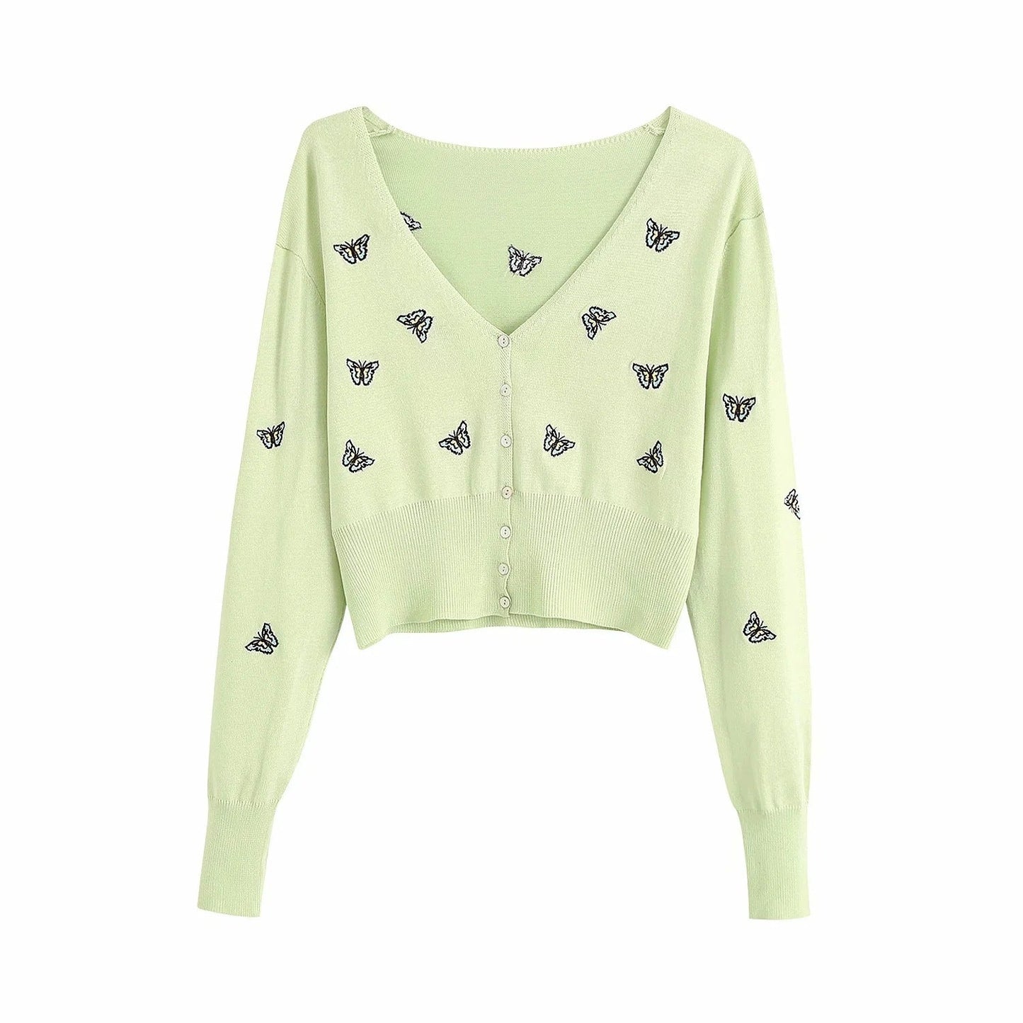 Women Fashion Butterfly Embroidery Cropped Knitted Blouses Vintage
