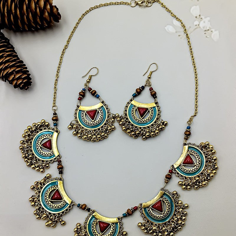 Women's Vintage Metal Indian Necklace And Earrings Suite