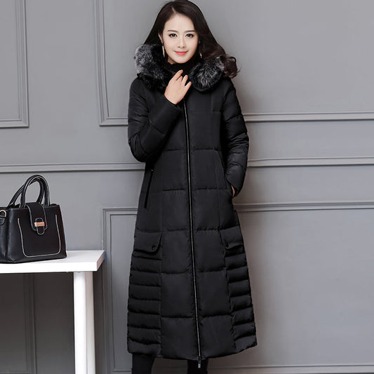 Hooded Padded Jacket with Fur Collar and Color Block