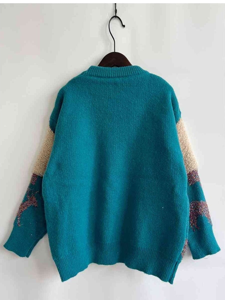 Women Sequin Christmas Tree & Reindeer Round Neck Sweater