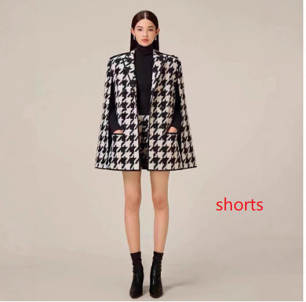 Houndstooth Woolen Cape Coat Shorts