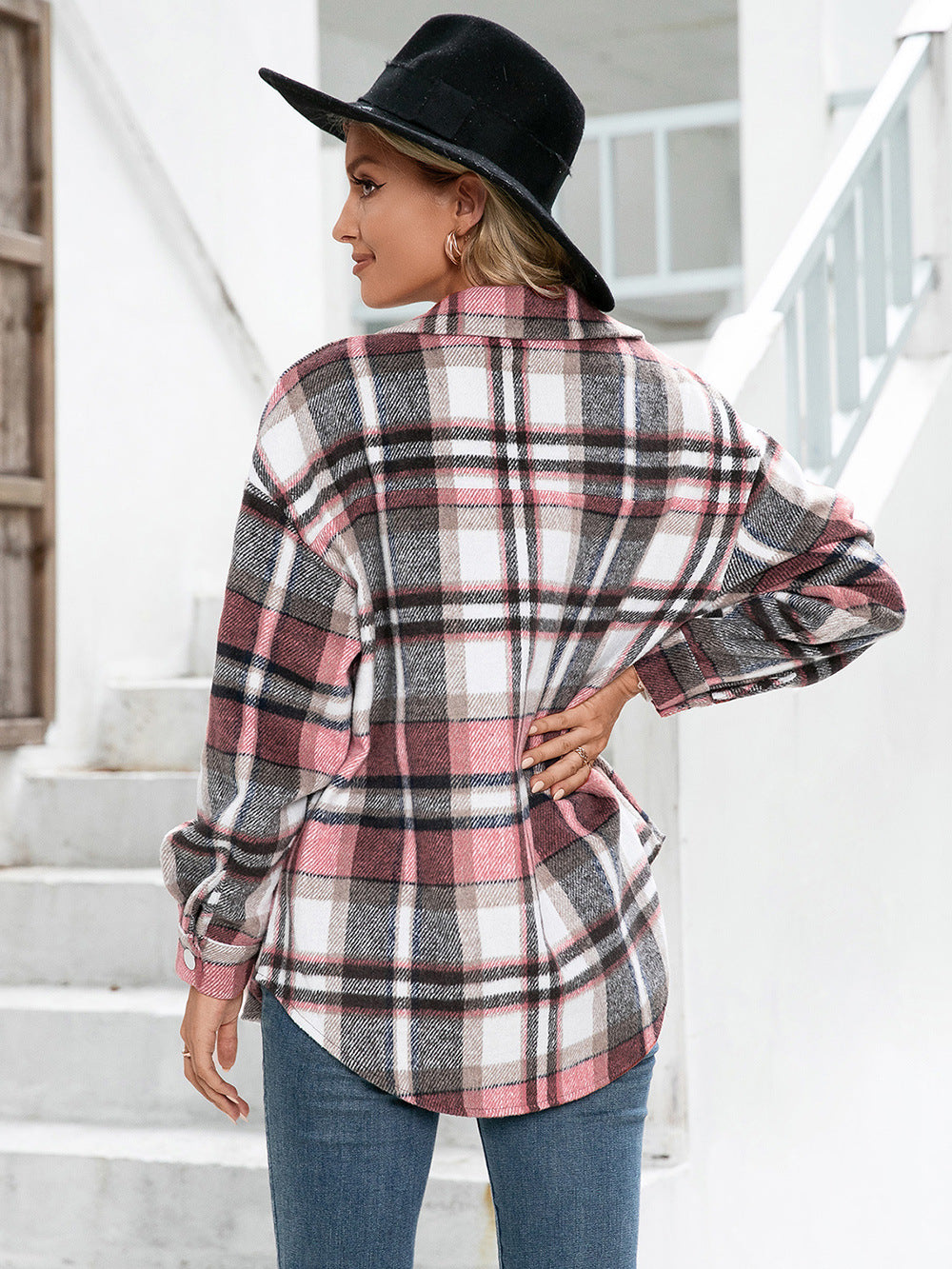 Women Ivy Lane Meet You Outside Plaid Button Down Curved Hem Shacket