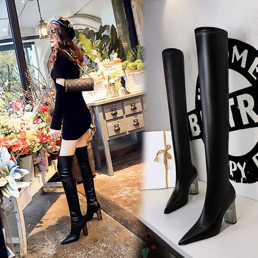 Women Thigh High Shoes Pointed Toe Over Knee Boots Square Heels