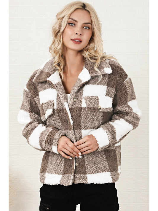 Plaid Collared Neck Drop Shoulder Jacket
