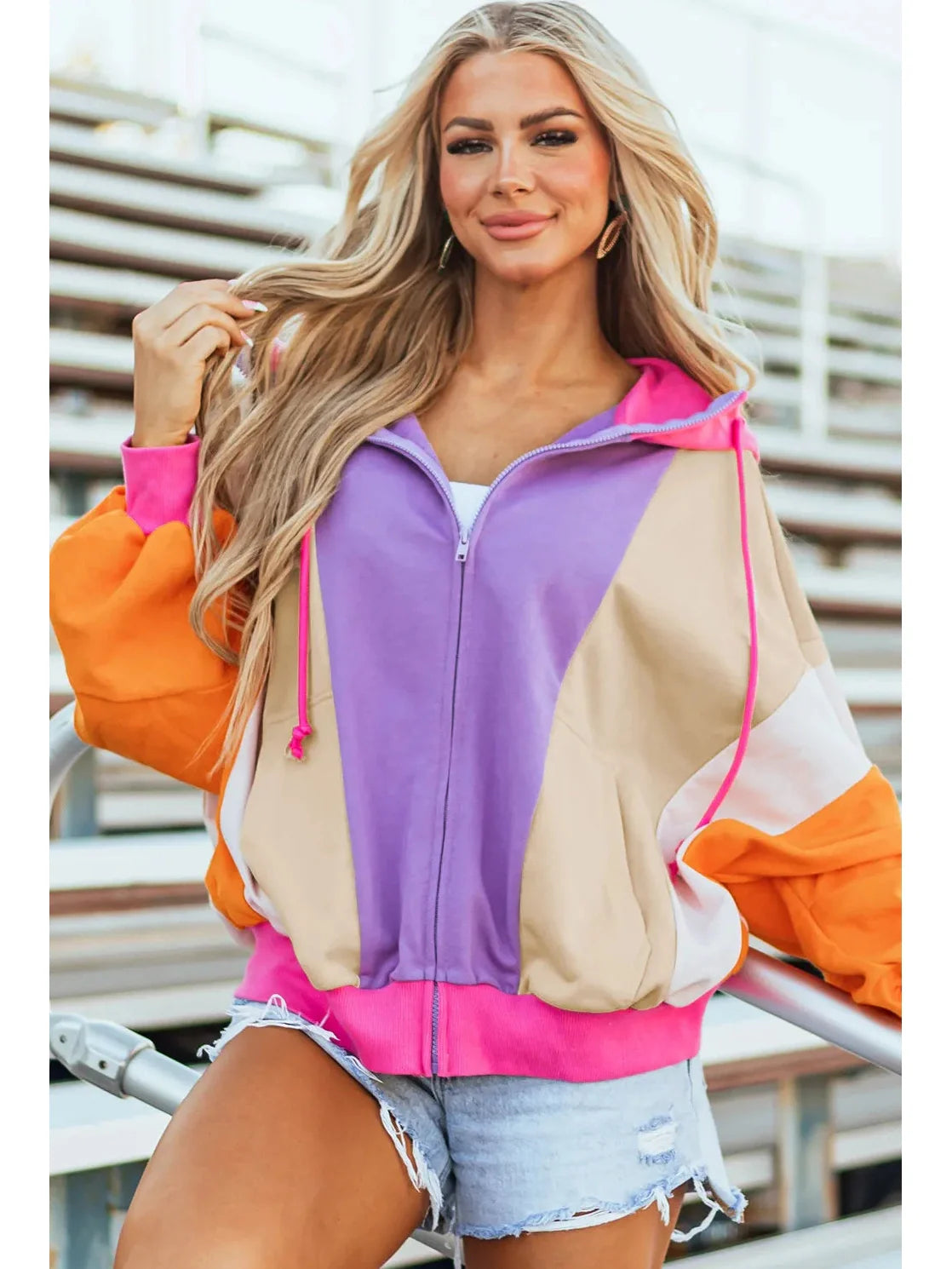 Women Drawstring Color Block Zip Up Long Sleeve Hoodie