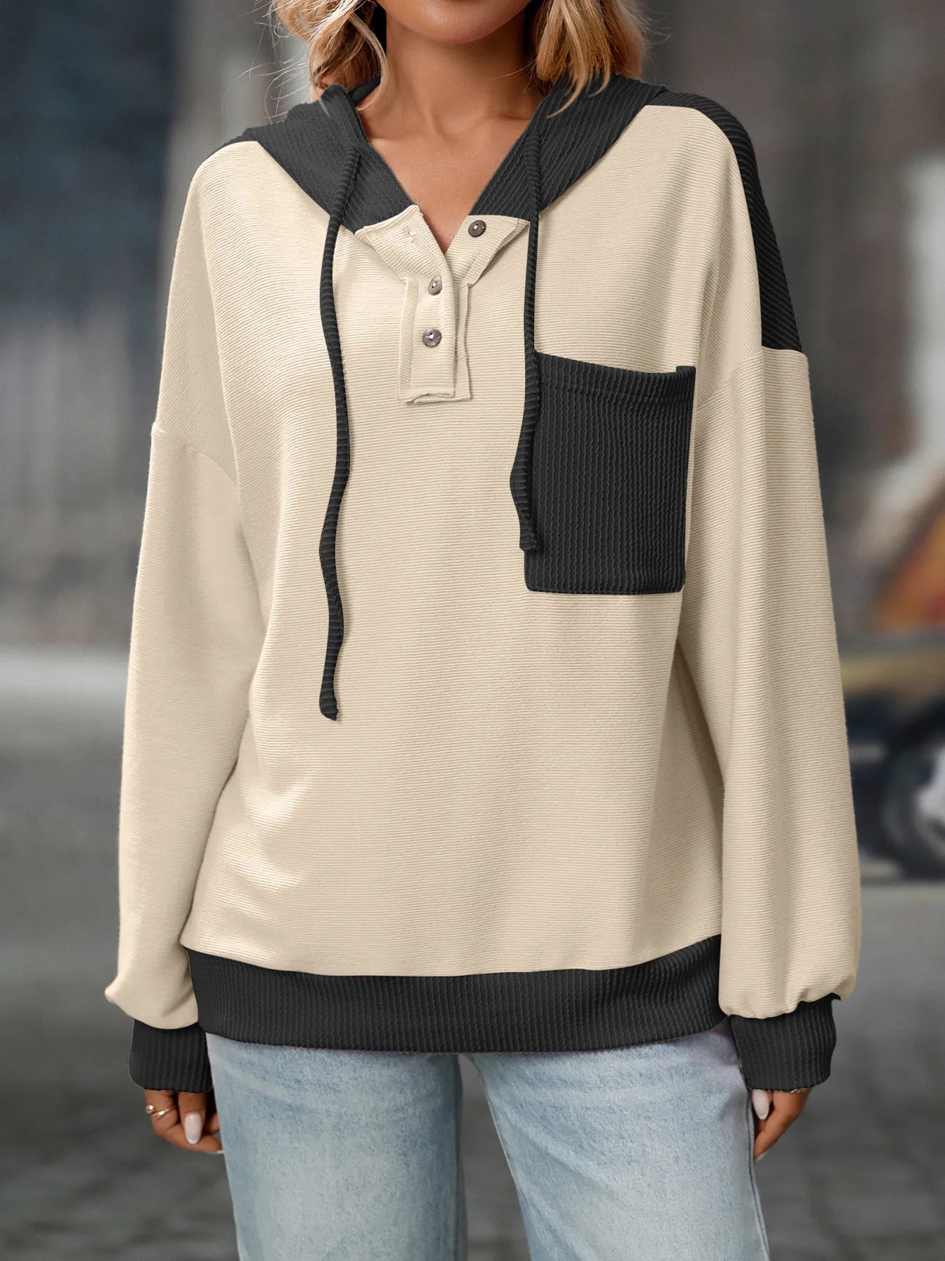 Drawstring Button Detail Long Sleeve Hoodie