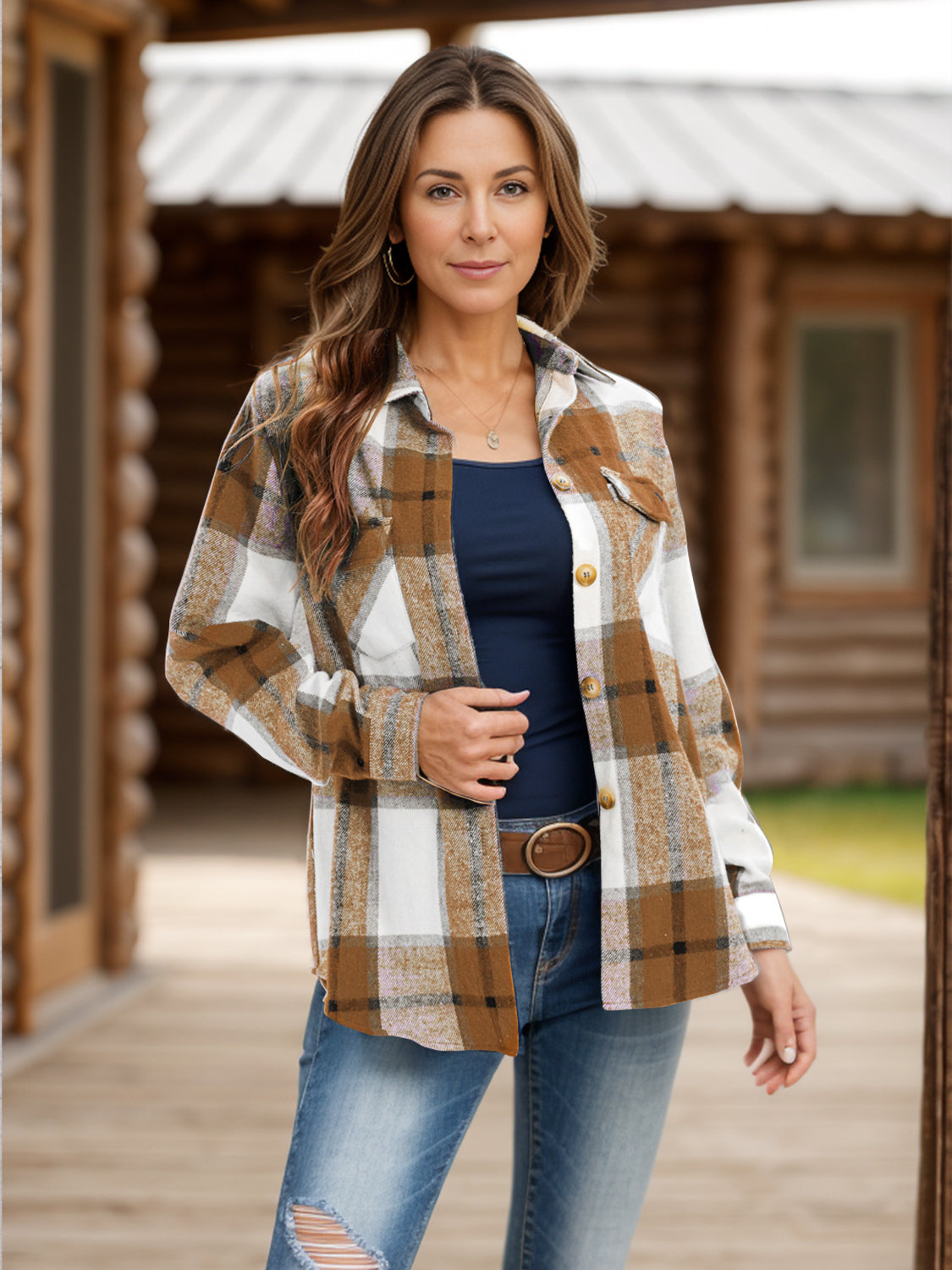 Women Full Size Pocketed Plaid Collared Neck Shacket