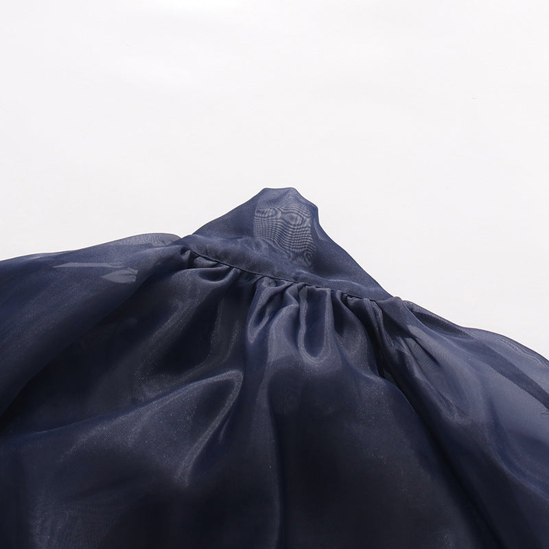 Navy Organza Bow Neck Drawstring Waist Sheer Long Sleeve Blouse