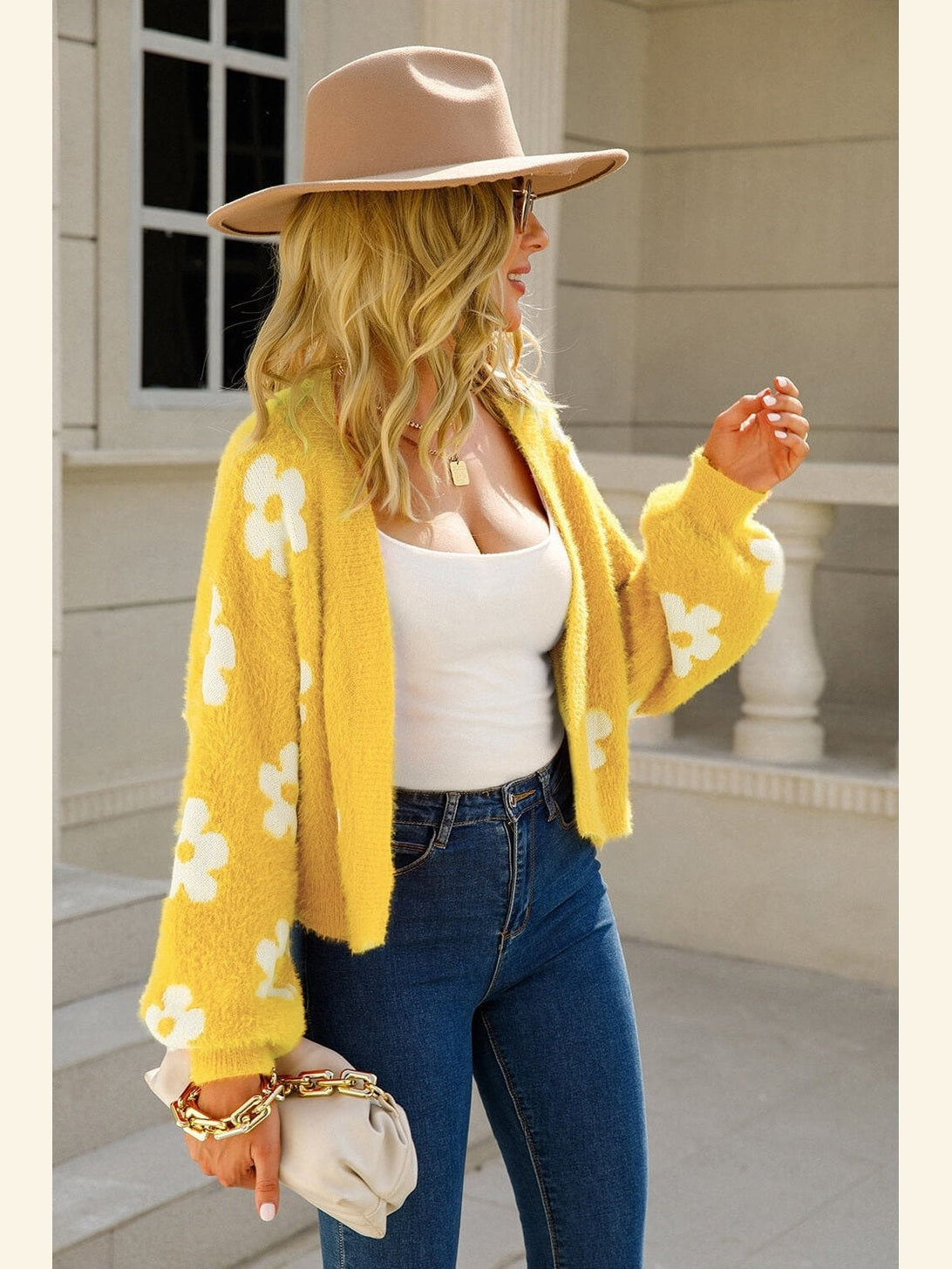 Women Floral Open Front Fuzzy Cardigan Sweater