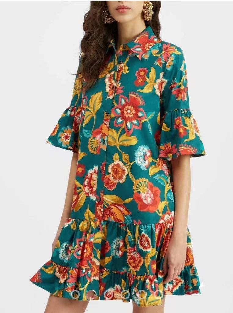 Women's Wear Bell Sleeve Printed Loose Casual Dress