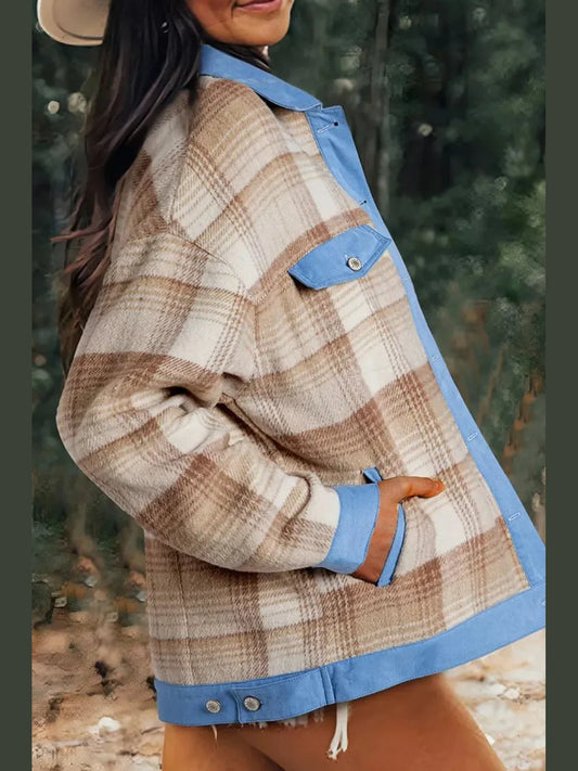 Women Contrast Trim Plaid Collared Neck Shacket