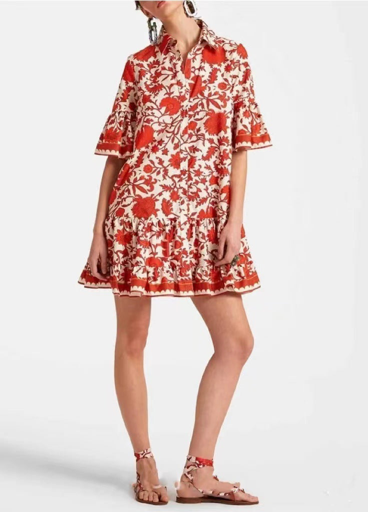Women's Wear Bell Sleeve Printed Loose Casual Dress