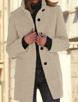 Women's Stand Collar Woolen Coat - Slim Fit Fall and Winter Button Front Trench Coat with Pockets