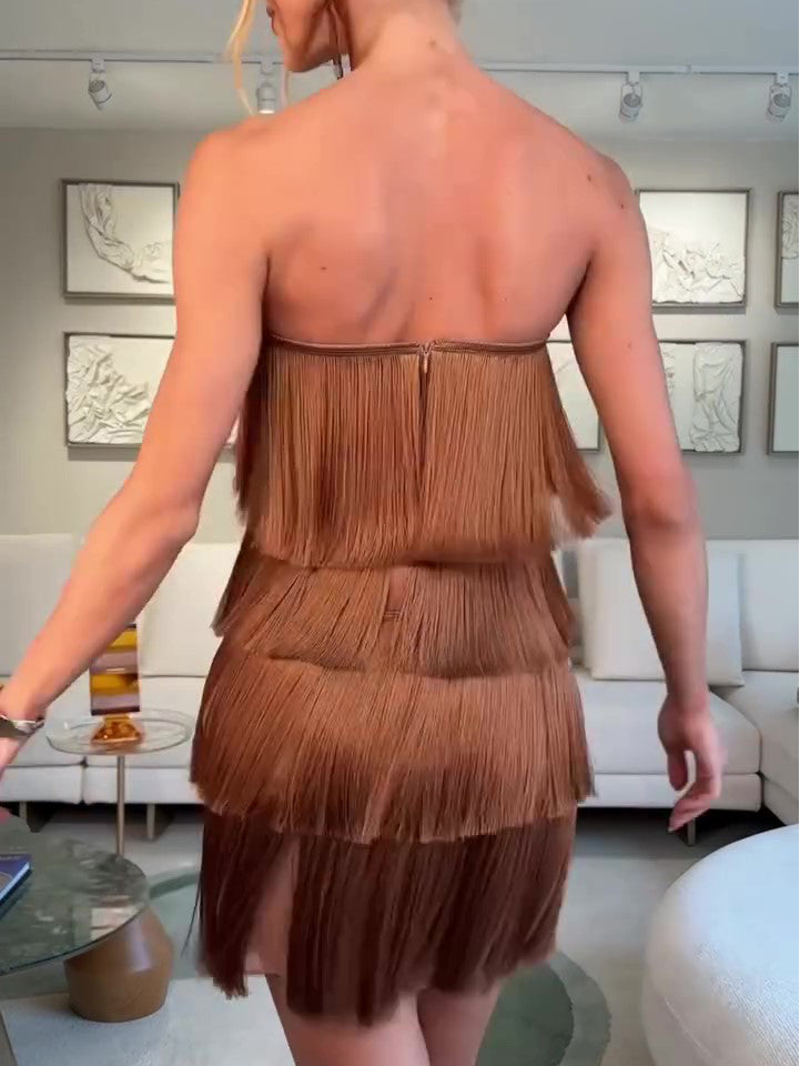 Brown Strapless Tiered Fringe Mini Dress