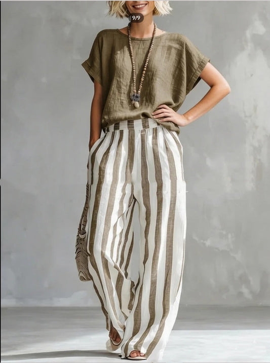 Short-sleeved Trousers Suit Summer Fashion Round Neck Pullover T-Shirt And Striped Print Straight Leg Pants Two-Piece Clothing For Women