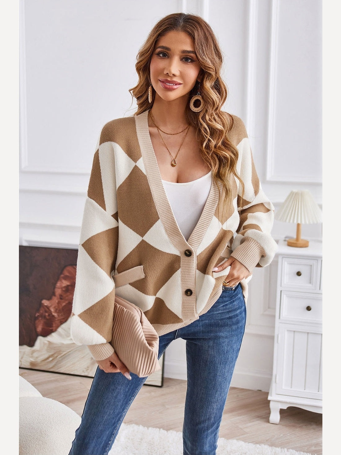 Women Geometric Lantern Sleeve Cardigan with Pockets