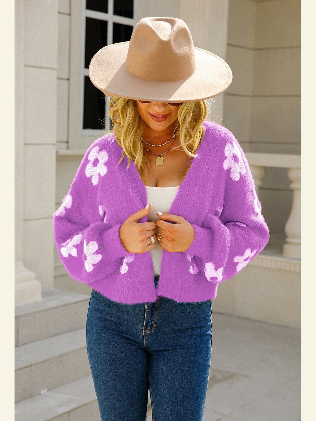 Women Floral Open Front Fuzzy Cardigan Sweater