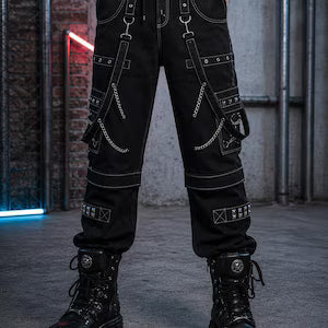 2 in 1 Cyberpunk Gothic Cargo convertible Pants for Men | Black Industrial Techwear Pants with Chains & Straps