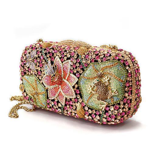 LO2375 - Ancientry Gold White Metal Clutch with Top Grade Crystal in Multi Color
