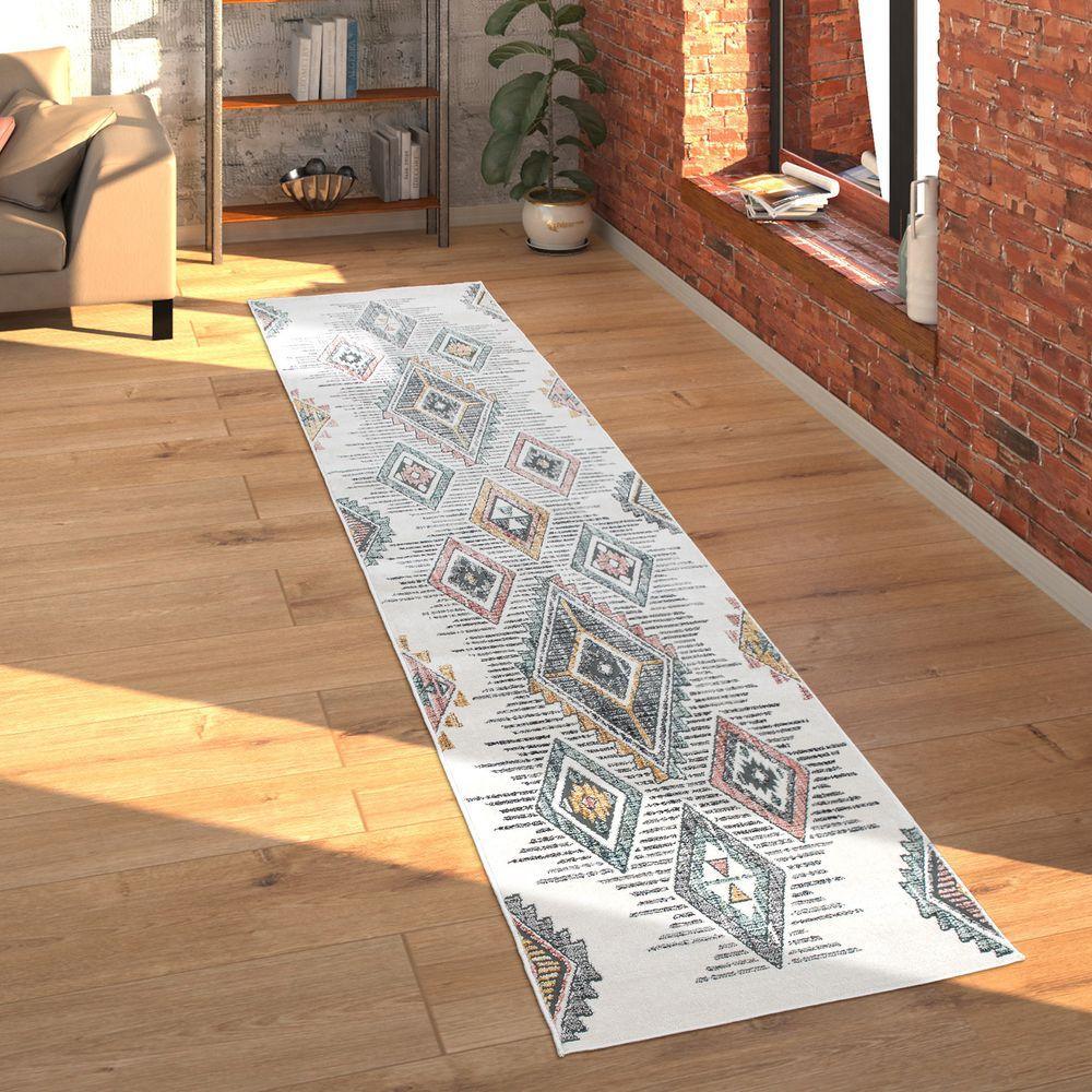 Modern Area Rug Ethnic Design with colorful Pattern in Cream