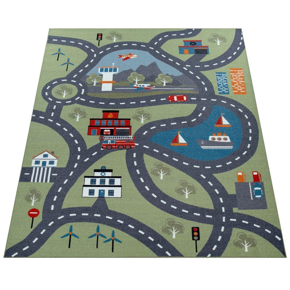 Play Rug for Kids Rooms, Streets and Houses in green