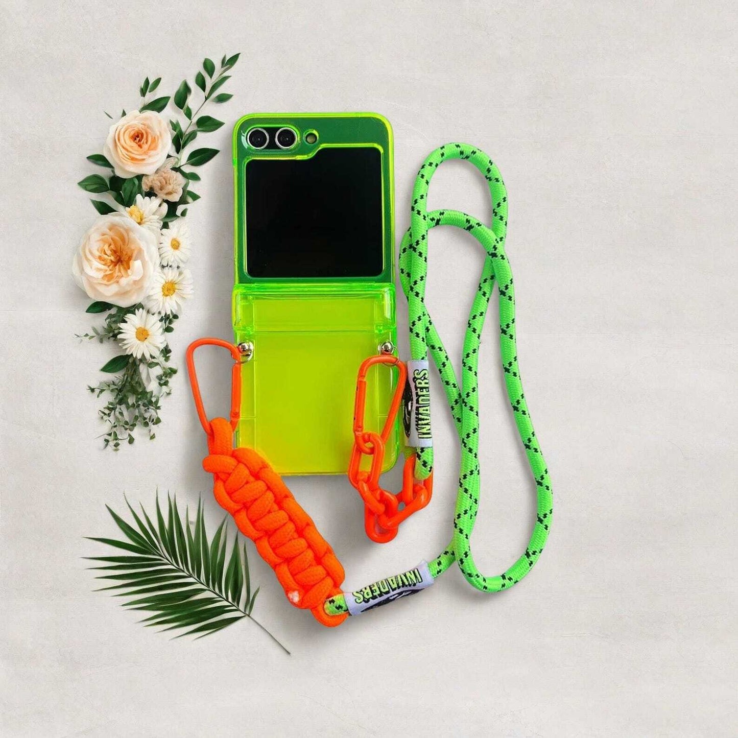 Neon Green Crossbody Phone Case with Card Slot for Samsung Galaxy Z Flip 3 4 5 6 - Hands-Free Lanyard Back Cover