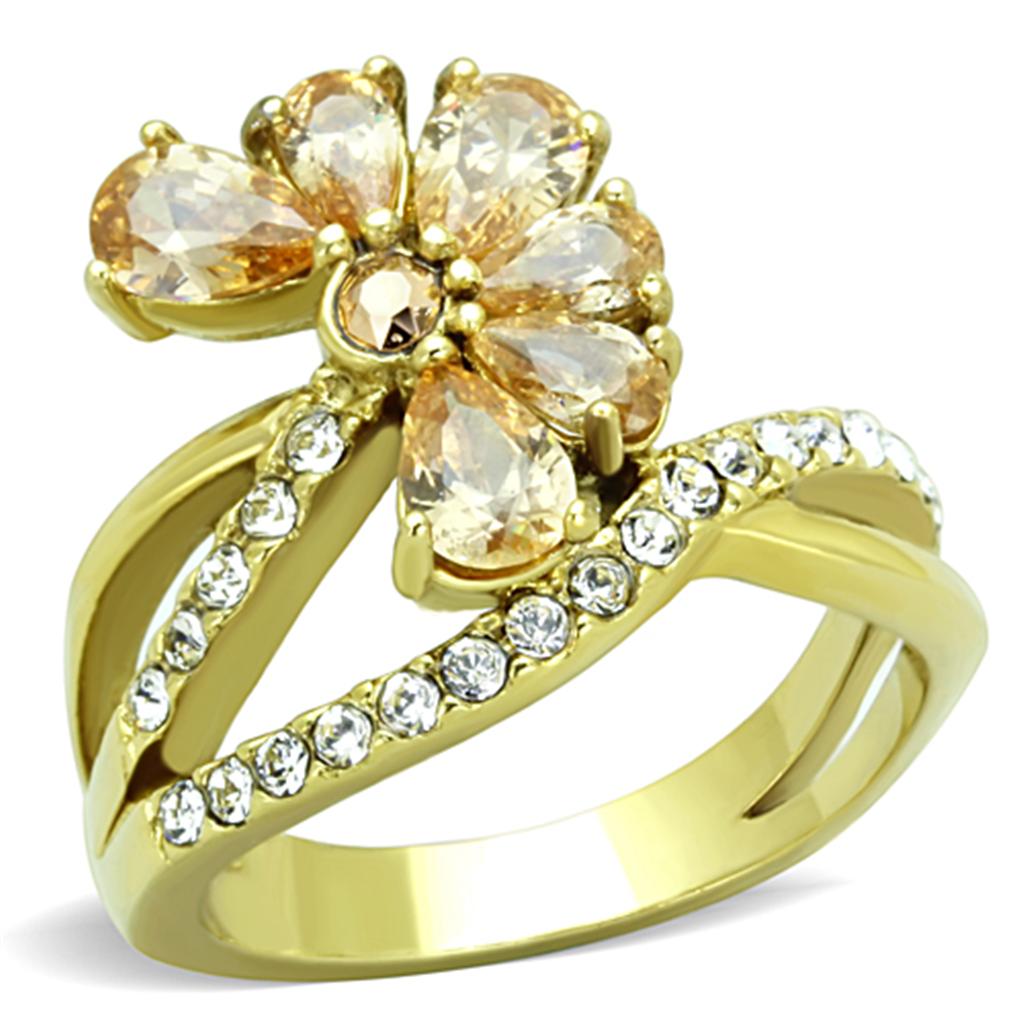 TK1574 - IP Gold(Ion Plating) Stainless Steel Ring with AAA Grade CZ in Champagne