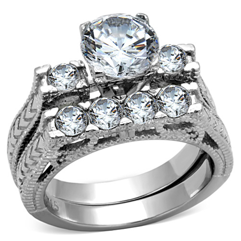 TK5X019 - High polished (no plating) Stainless Steel Ring with AAA Grade CZ in Clear