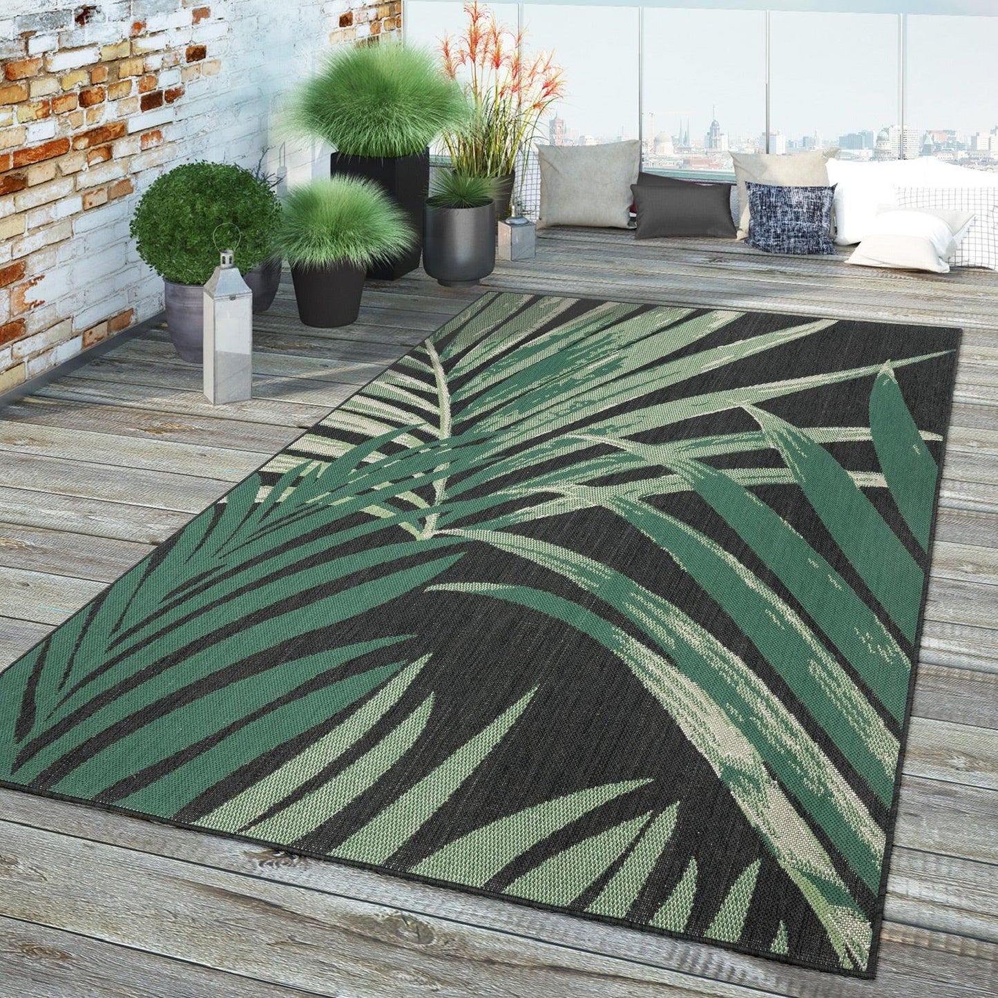 Tropical Outdoor Rug Ostende Palm Trees - Black Green
