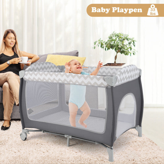 Babyjoy 3-in-1 Portable Baby Playard with Zippered Door and Toy Bar-Gray