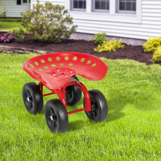 Garden Rolling Workseat with 360 Swivel Seat and Adjustable Height-Red