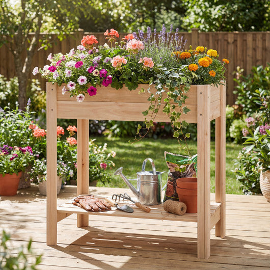 Wooden Raised Garden Bed with Legs Storage Shelf Liner Drainage for Backyard