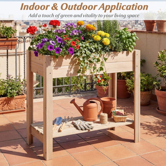 Wooden Raised Garden Bed with Legs Storage Shelf Liner Drainage for Backyard