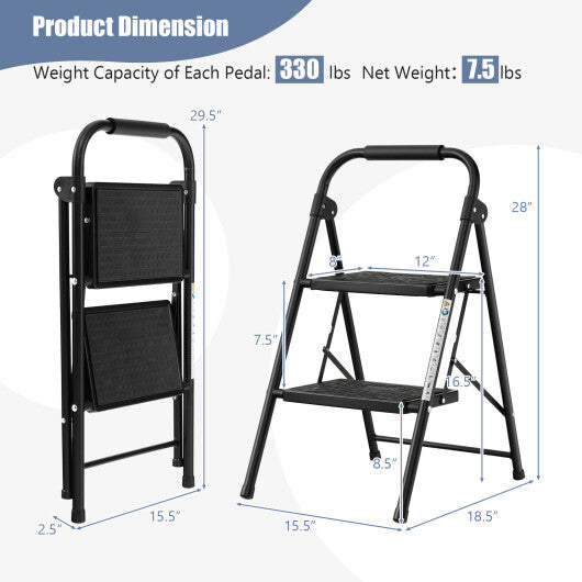 2 Step Ladder Folding Step Stool 330lbs Capacity with Anti-Slip Pedal & Handle