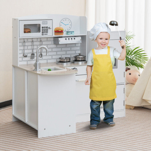 Costway Kids Kitchen Playset Conor Kitchen Toy with Realistic Microwave and Oven Stove-White