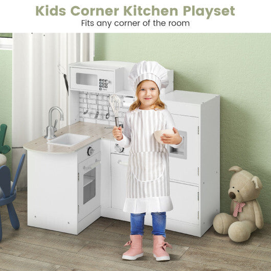 Costway Kids Kitchen Playset Conor Kitchen Toy with Realistic Microwave and Oven Stove-White