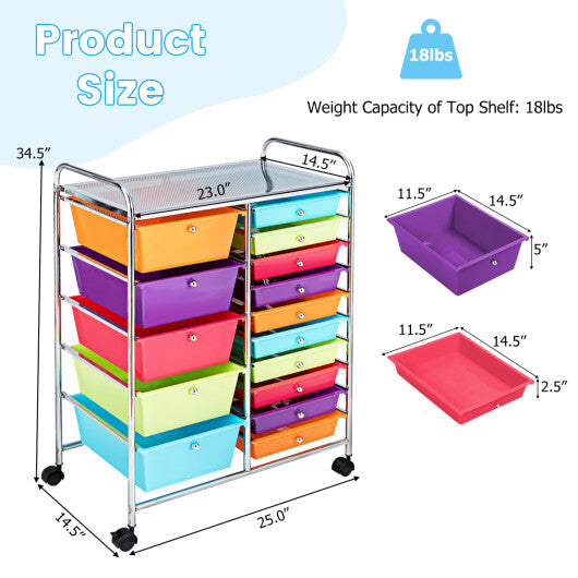 Costway 15-Drawer Utility Rolling Organizer Cart with Multi-Use Storage-Multicolor
