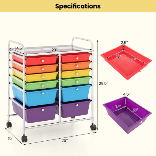 Costway 12 Drawers Rolling Cart Storage Scrapbook Paper Organizer Bins-Multicolor