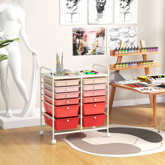 Costway 12-Drawer Rolling Storage Cart with Removable Drawers and Lockable Wheels-Pink