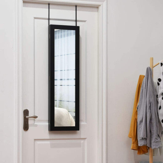 Costway Full Length Mirror Jewelry Cabinet with Ring Slots and Necklace Hooks-Dark Brown
